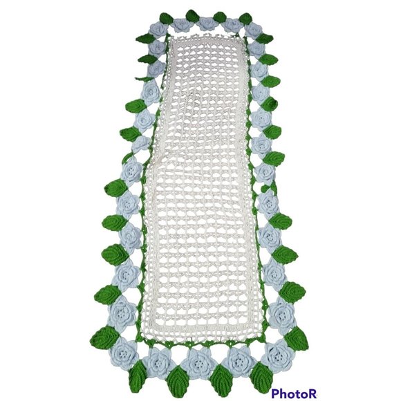 Crochet Cotton  Table Runner Dresser Scarf White Green Blue Flowers 13x34in Vtg - Picture 1 of 3
